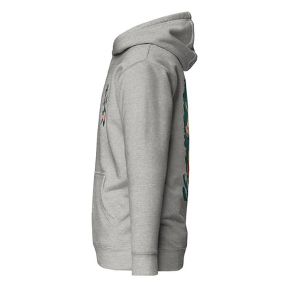 Gray hoodie with colorful designs on sleeves against a white background