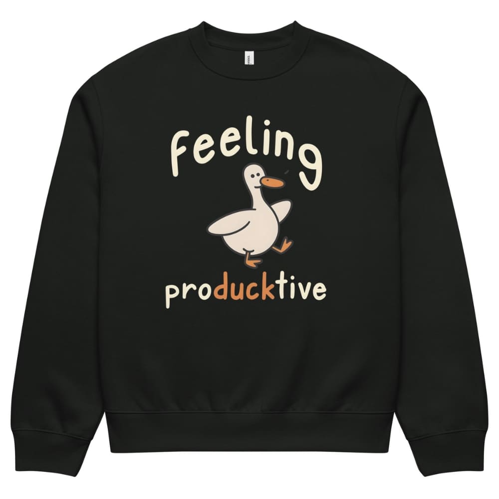 Black sweatshirt with a cartoon duck and text 'Feeling producktive' on a white background