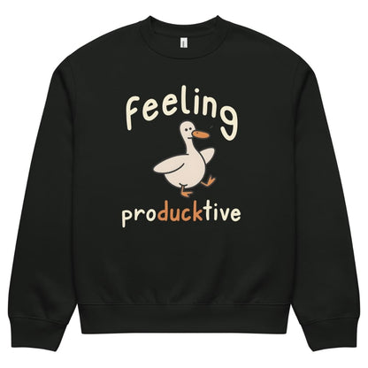 Black sweatshirt with a cartoon duck and text 'Feeling producktive' on a white background