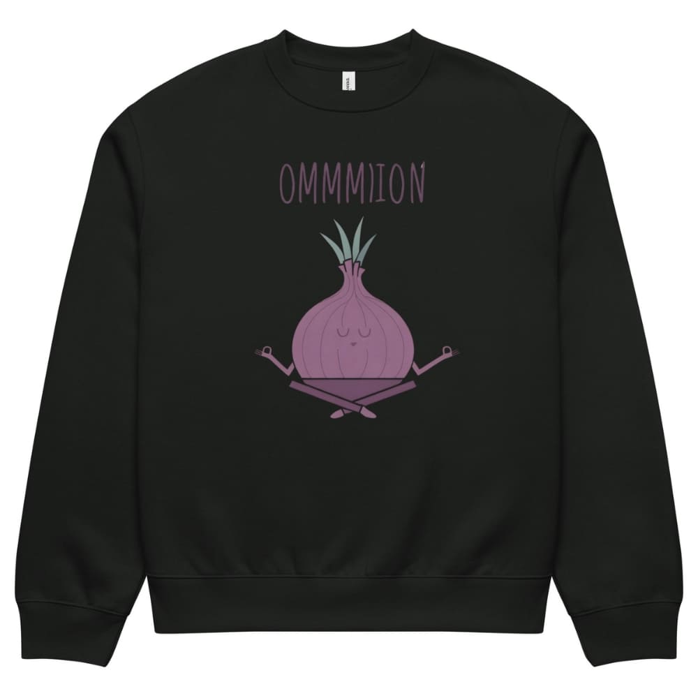 Black sweatshirt with a cartoon onion and 'OMMION' text on a white background