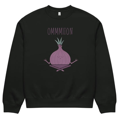Black sweatshirt with a cartoon onion and 'OMMION' text on a white background