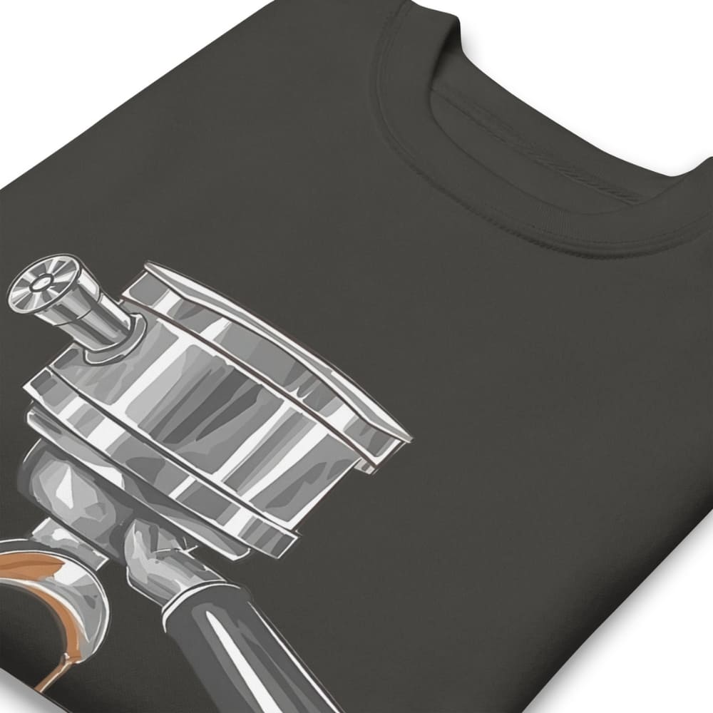 Black t-shirt with a silver coffee filter design on a white background