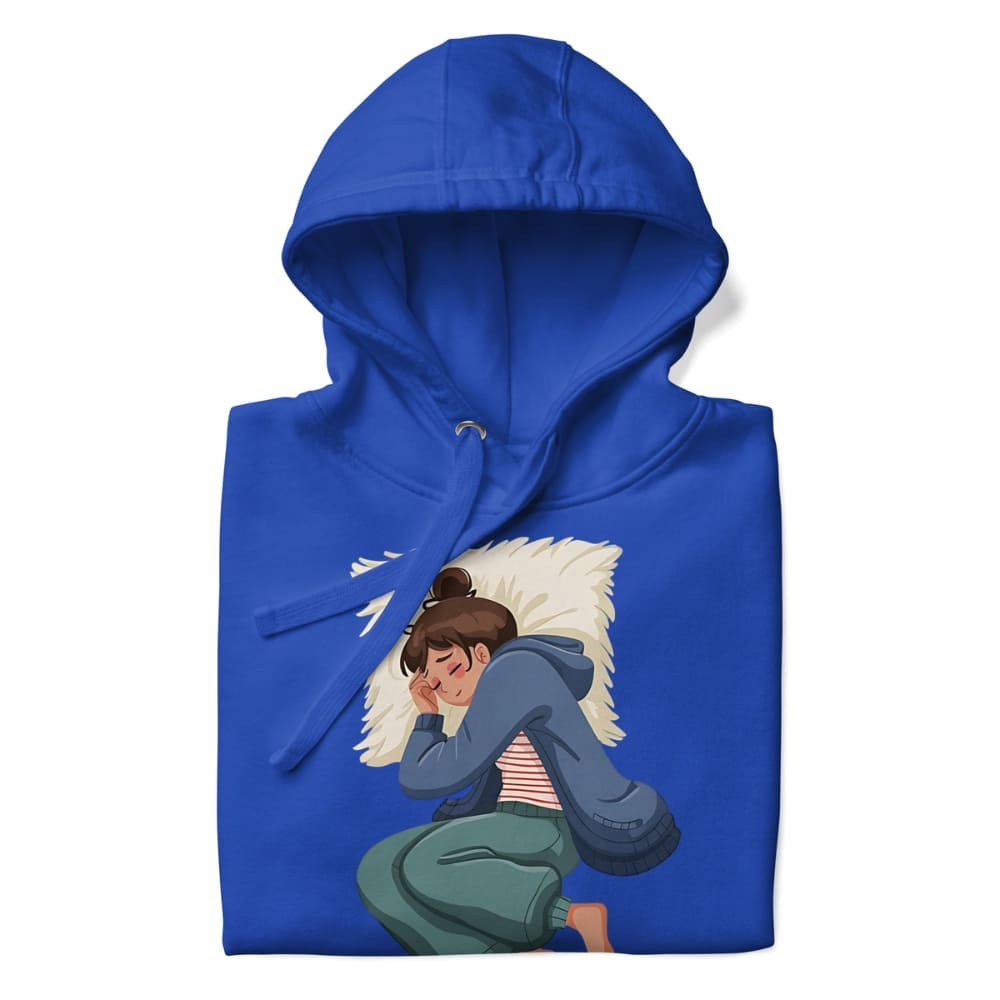 Blue hoodie with a graphic of a person sitting on a pillow on a white background