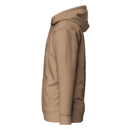 Beige hoodie with patches on a white background