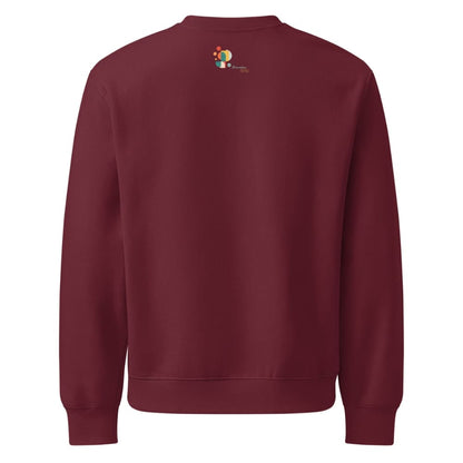 Maroon sweatshirt with a colorful logo on the back against a white background