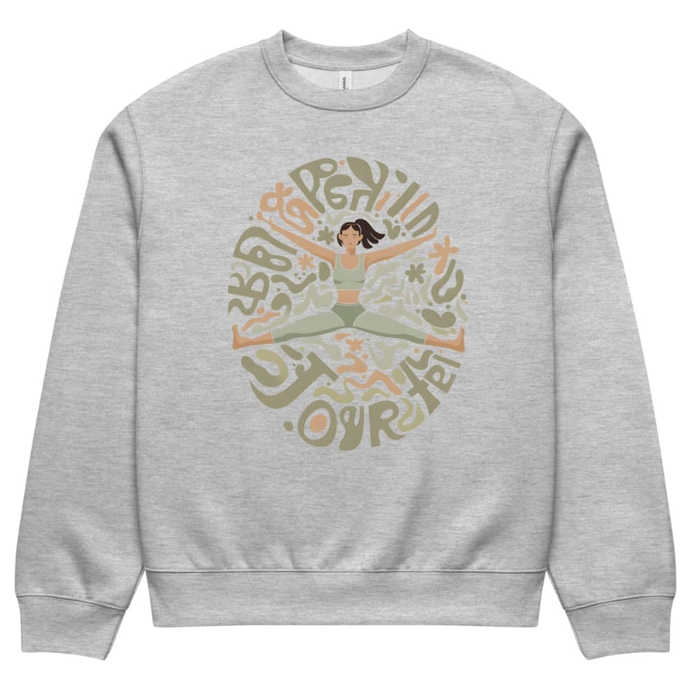 Gray sweatshirt with a colorful graphic design on a white background