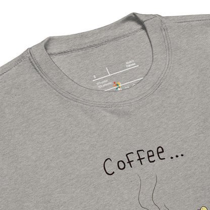 Gray t-shirt with 'Coffee...' text and brand label on a white background