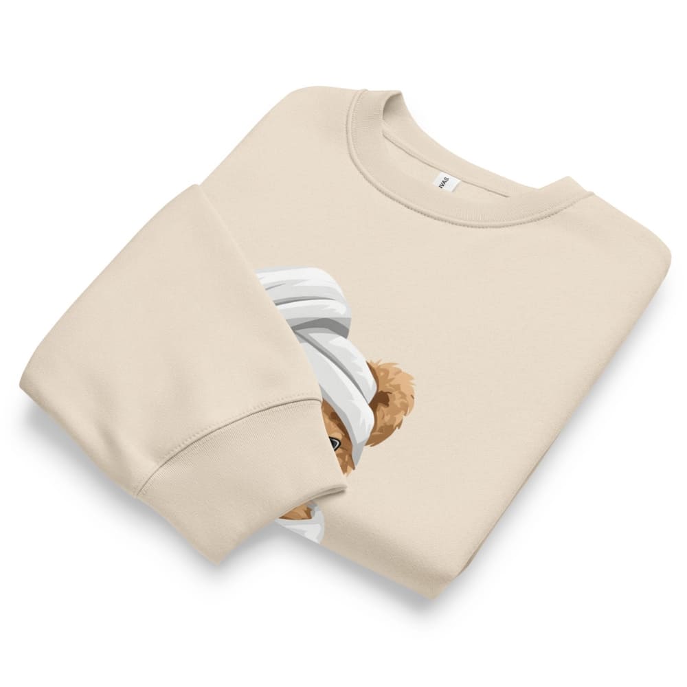 Beige sweatshirt with a teddy bear design on a white background