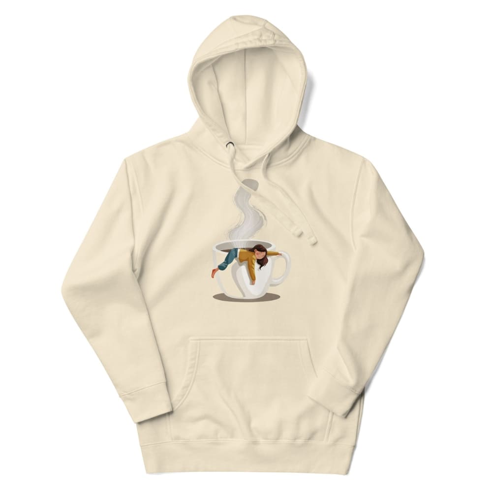 Beige hoodie with a graphic of a coffee cup and person on a white background