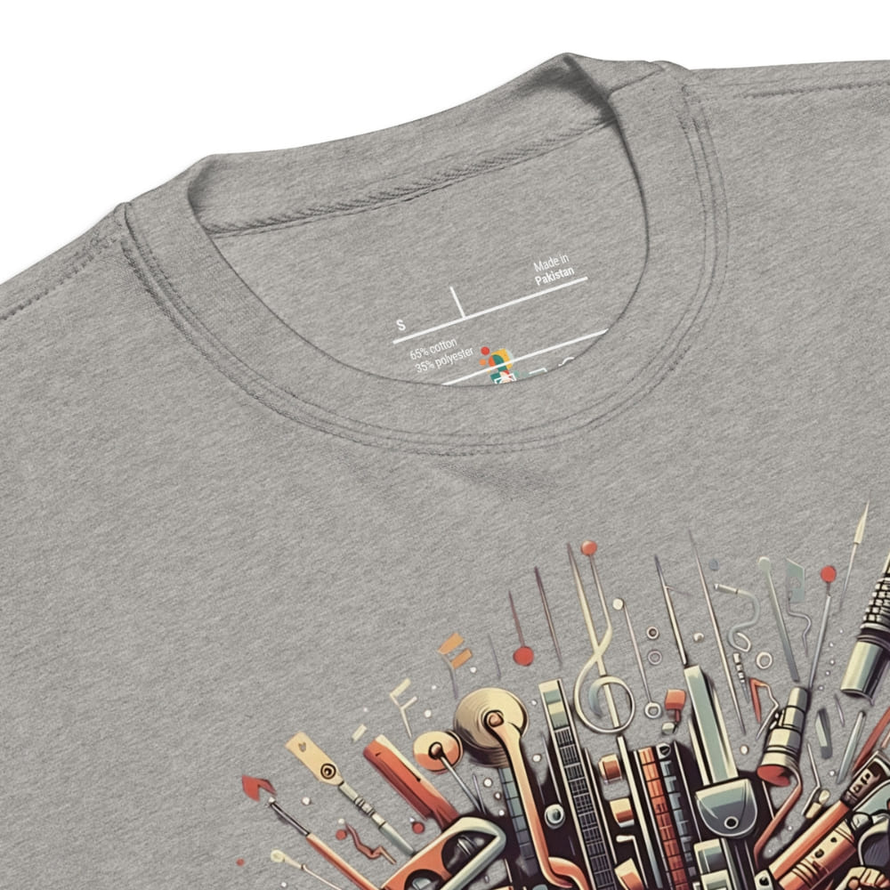 Gray sweatshirt with colorful graphic design on a white background