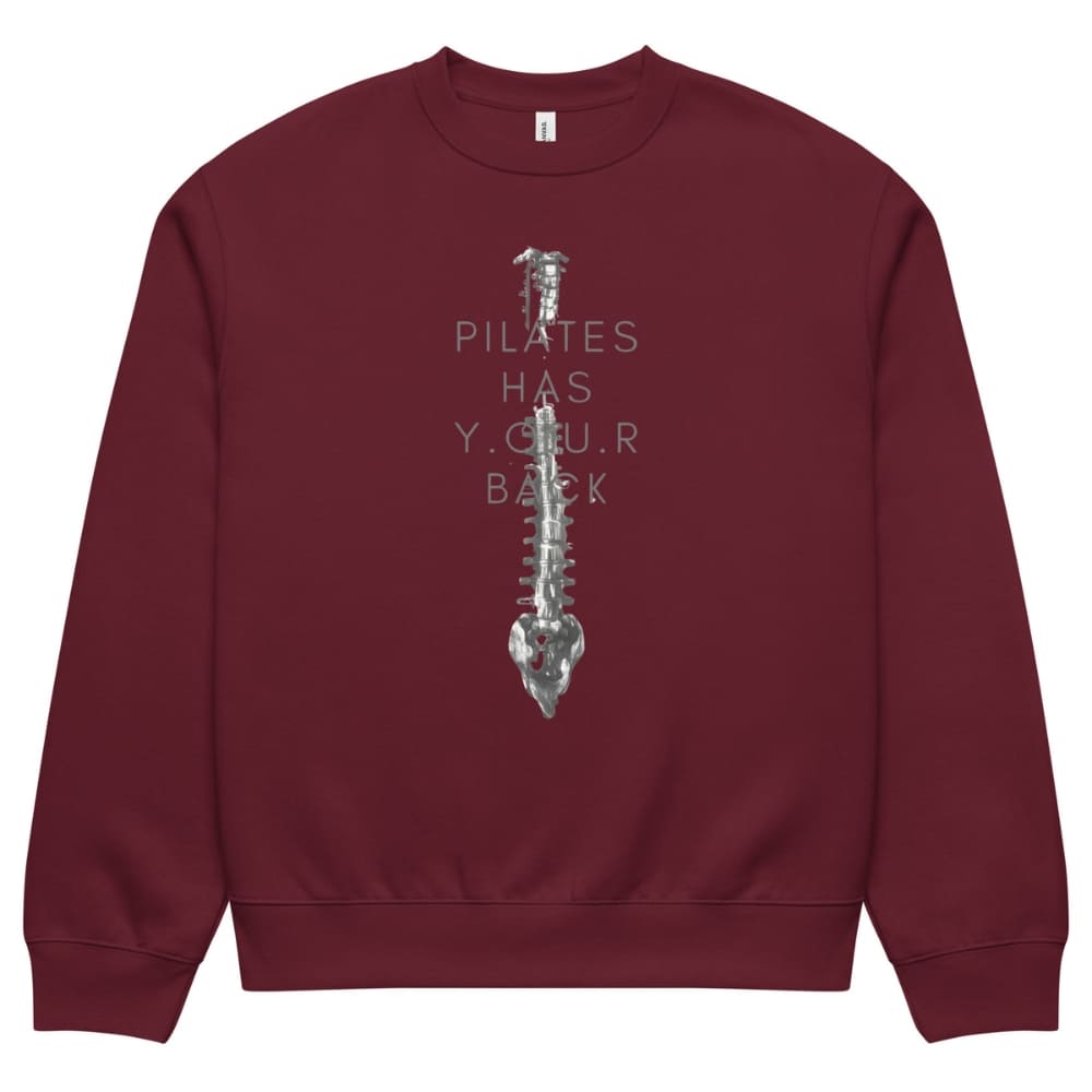 Maroon sweatshirt with a skeleton design and text on a white background