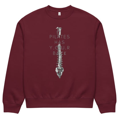 Maroon sweatshirt with a skeleton design and text on a white background