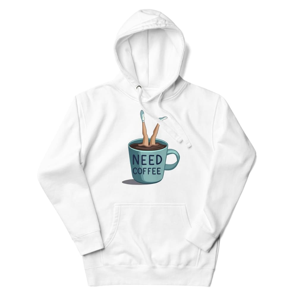 White hoodie with a graphic of a coffee cup and text 'NEED COFFEE' on a white background