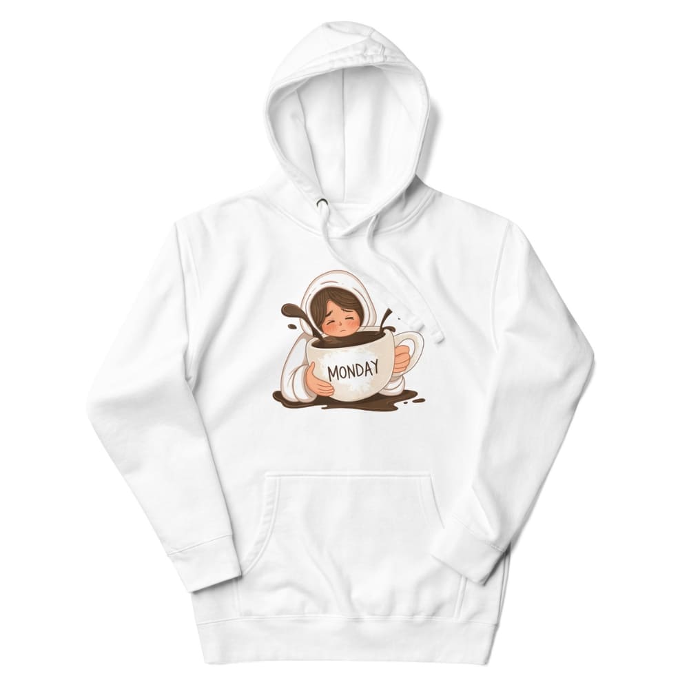 White hoodie with a graphic of a person in a mug labeled 'Monday' on a white background