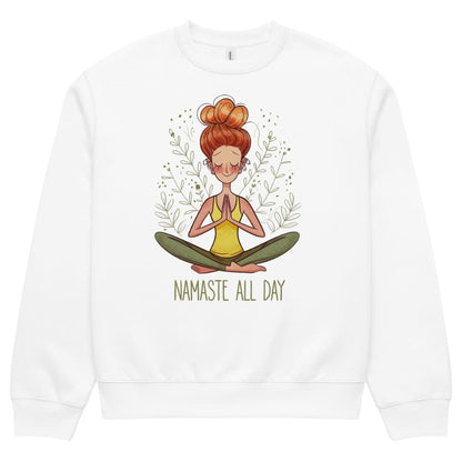 White sweatshirt with a yoga-themed design and 'Namaste All Day' text on a white background