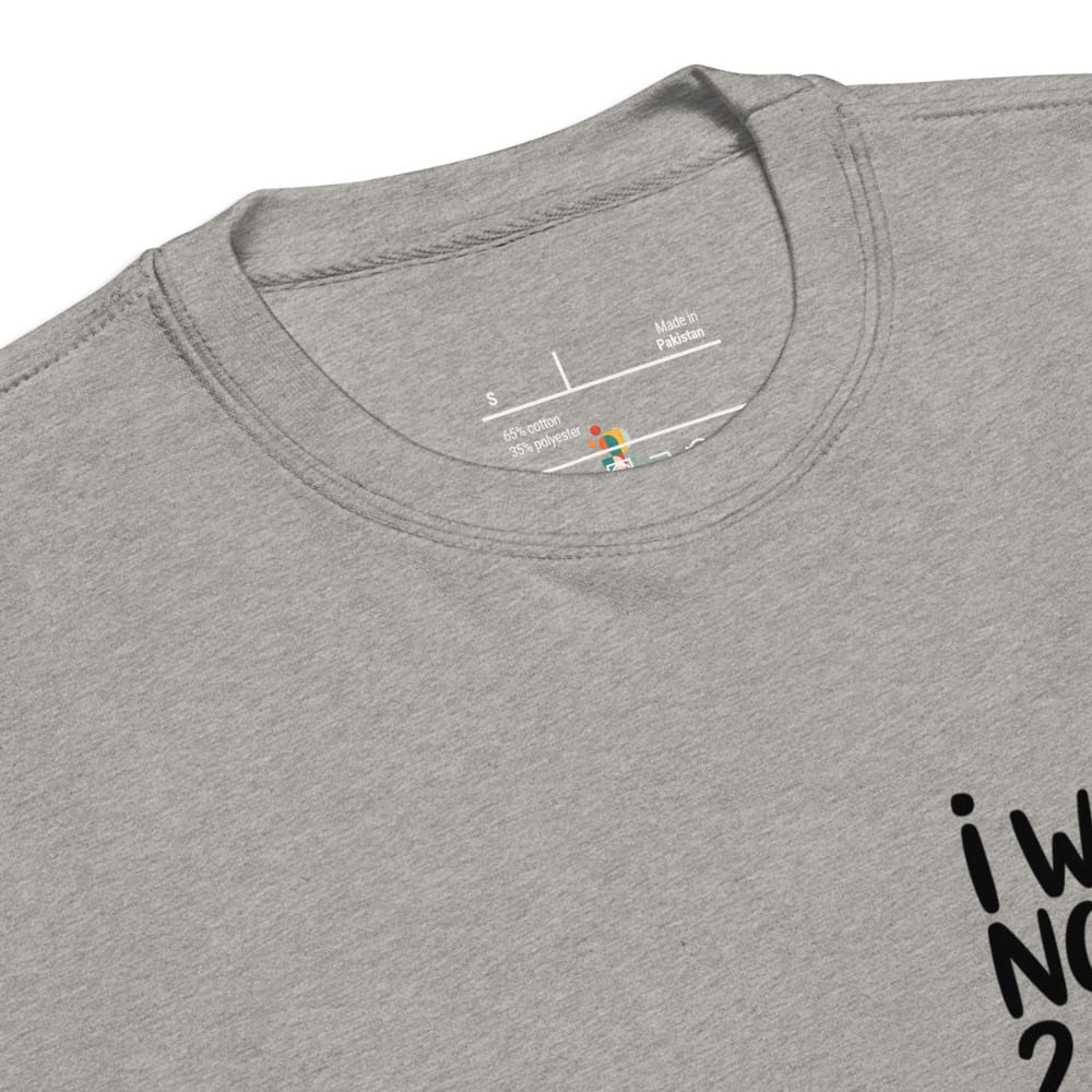 Gray t-shirt with a brand label and text on a white background