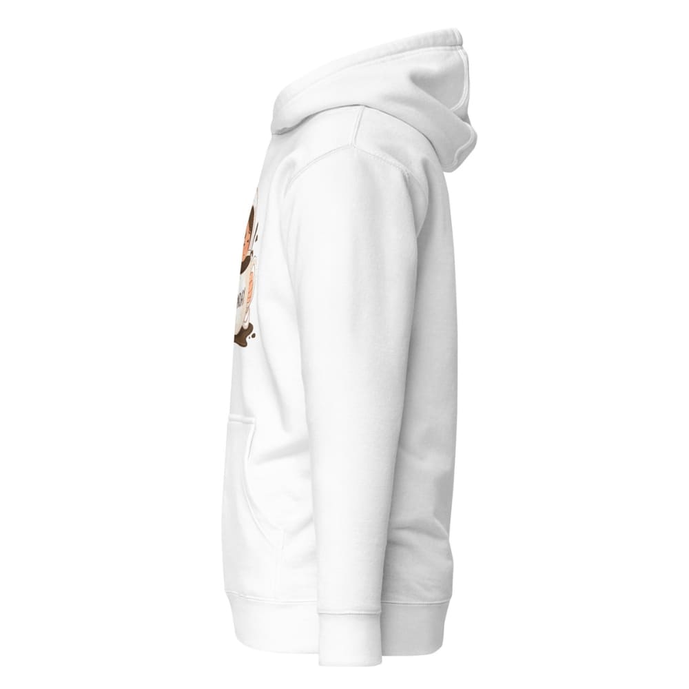 White hoodie with a small graphic on the sleeve against a white background