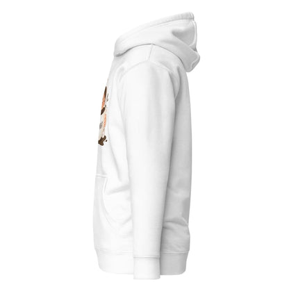 White hoodie with a small graphic on the sleeve against a white background