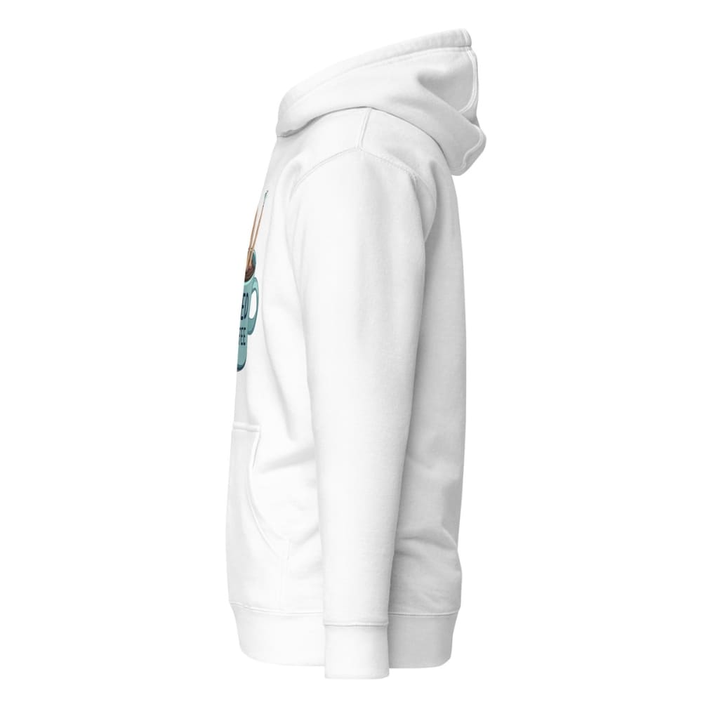 White hoodie with a graphic design on the sleeve against a white background