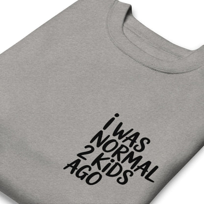 Gray t-shirt with black text 'I WAS NORMAL 2 KIDS AGO' on a white background