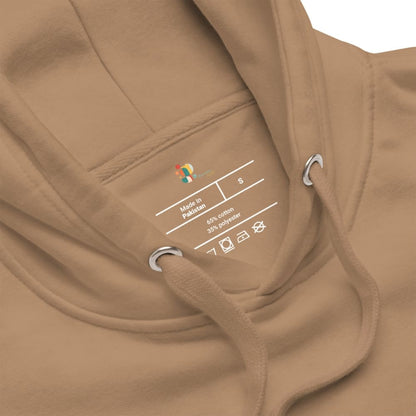 Close-up of a brown hoodie with a brand logo and text on the chest pocket.