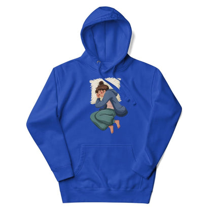 Blue hoodie with a graphic of a person lying on a pillow on a white background