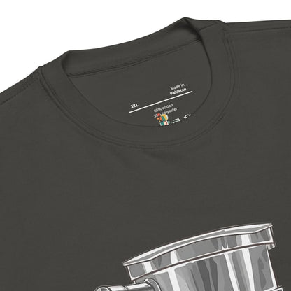 Black t-shirt with a graphic design on the chest area, featuring a metallic cup.