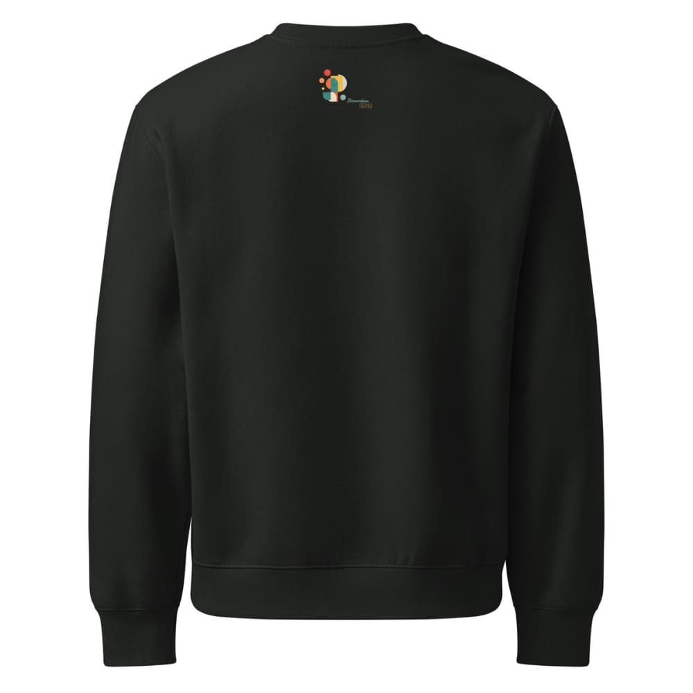 Black sweatshirt with a colorful logo on the back against a white background