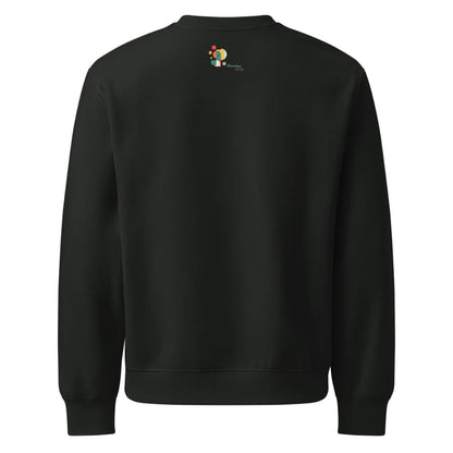 Black sweatshirt with a colorful logo on the back against a white background