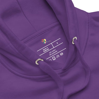 Close-up of a purple hoodie with a label on the chest area.