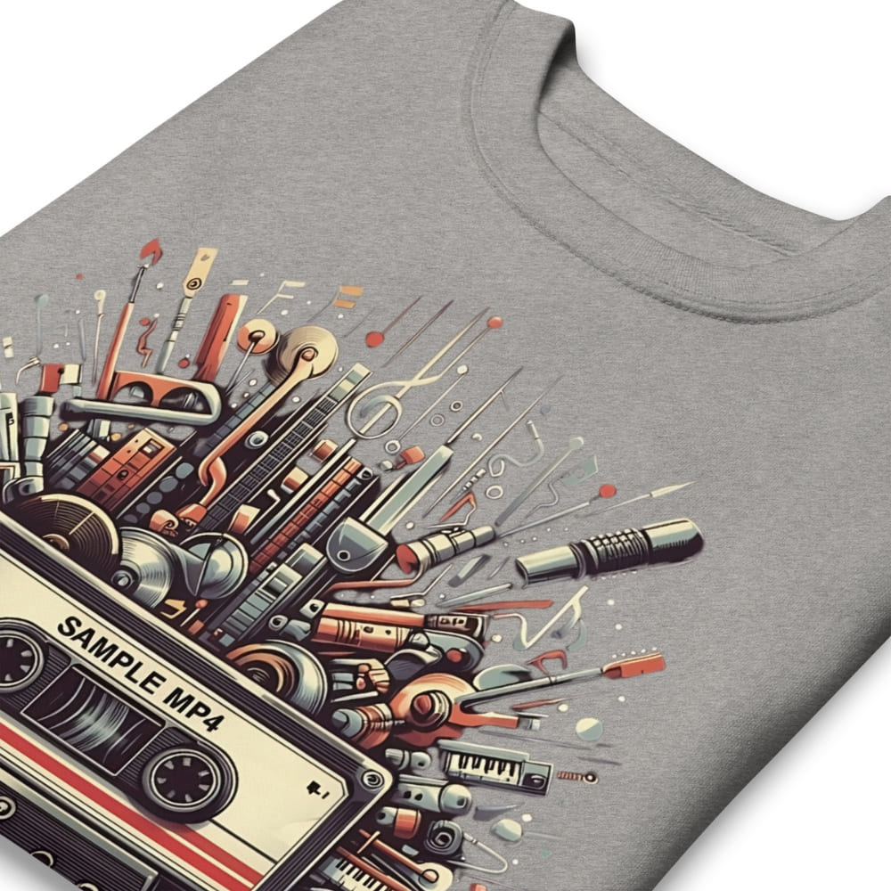 Gray sweatshirt with a colorful graphic design featuring musical instruments and a cassette tape on a white background.