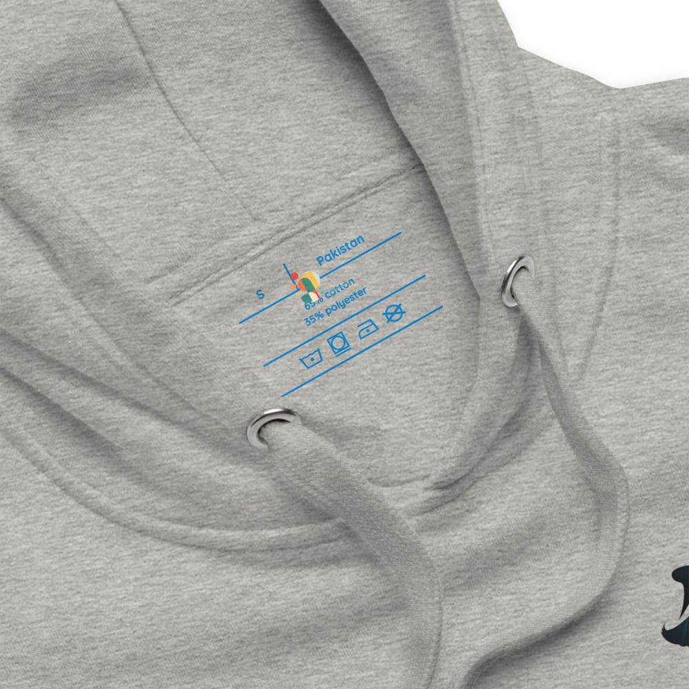 Gray hoodie with a logo on the chest pocket against a white background