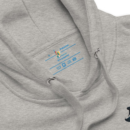Gray hoodie with a logo on the chest pocket against a white background