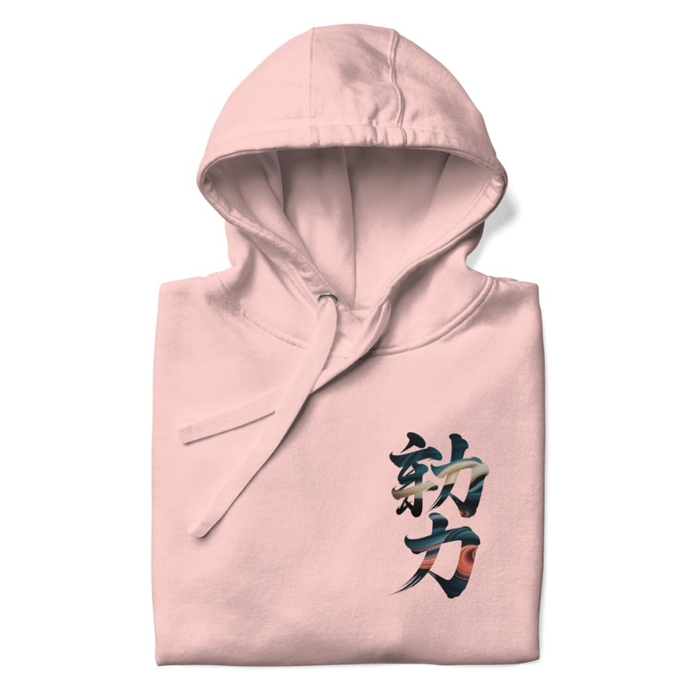 Pink hoodie with a colorful design on the chest against a white background