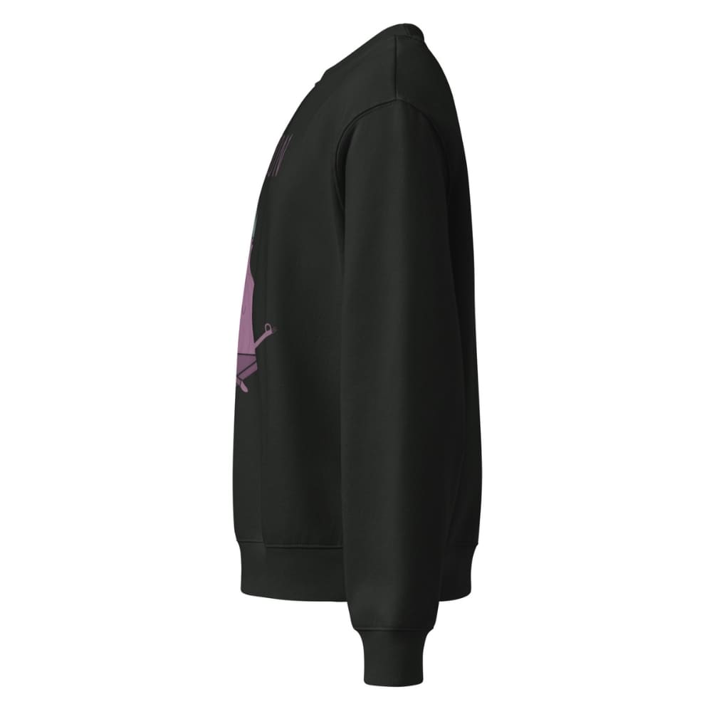 Black hoodie with a pink graphic on the side against a white background