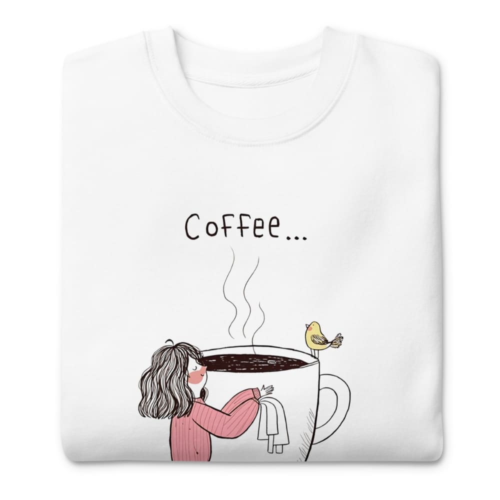 White sweatshirt with a coffee-themed graphic and text on a white background
