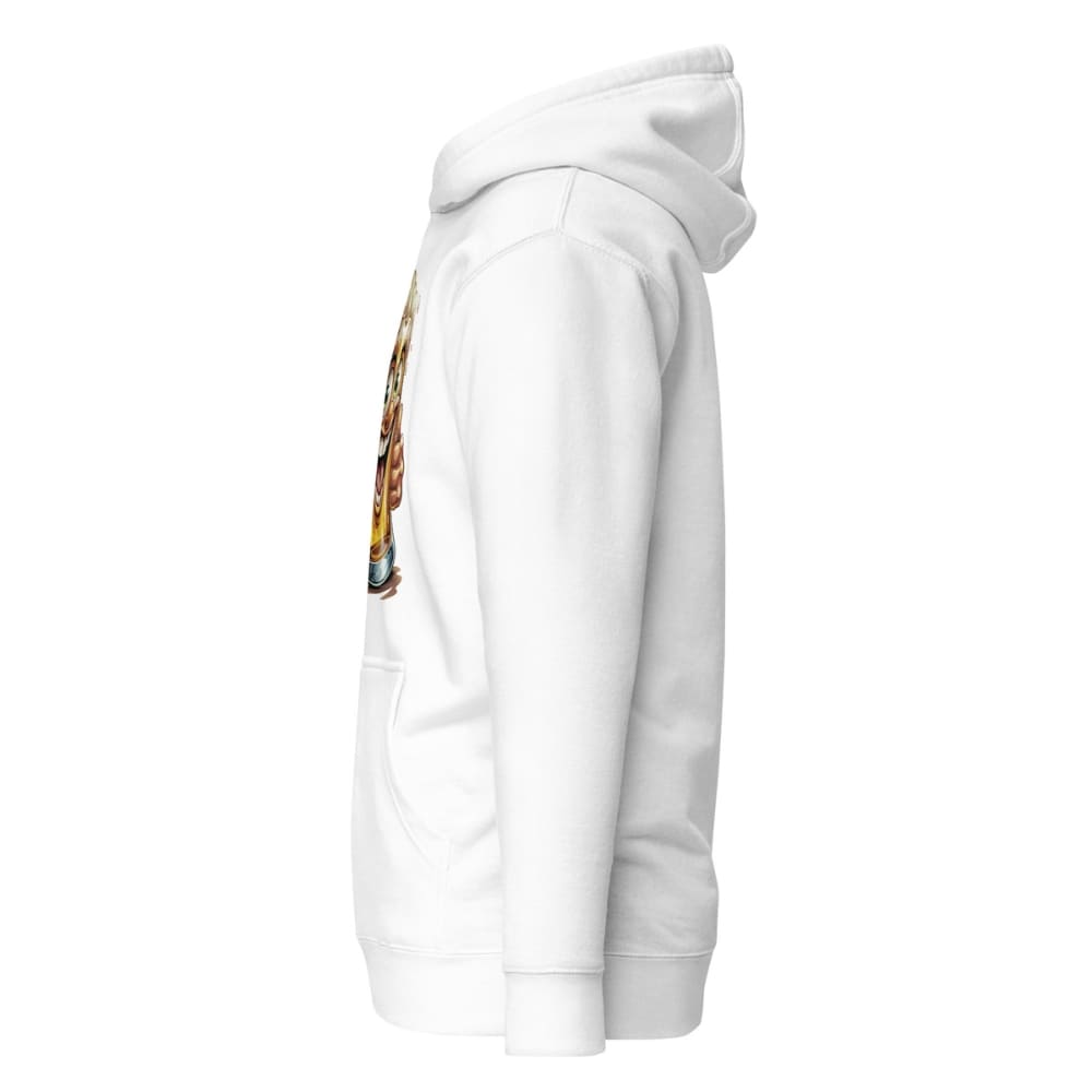 White hoodie with a colorful graphic on the sleeve against a white background