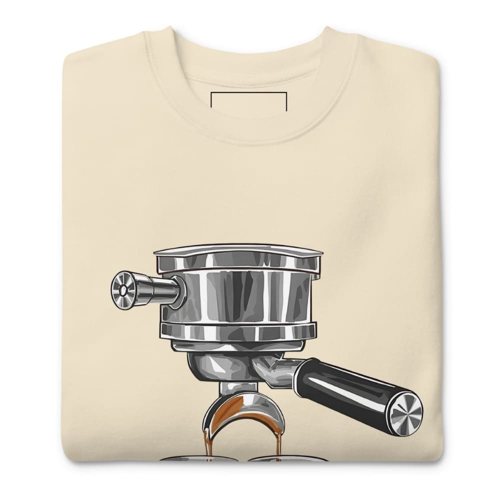 Beige t-shirt with a coffee press graphic on a white background