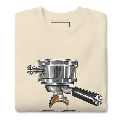 Beige t-shirt with a coffee press graphic on a white background