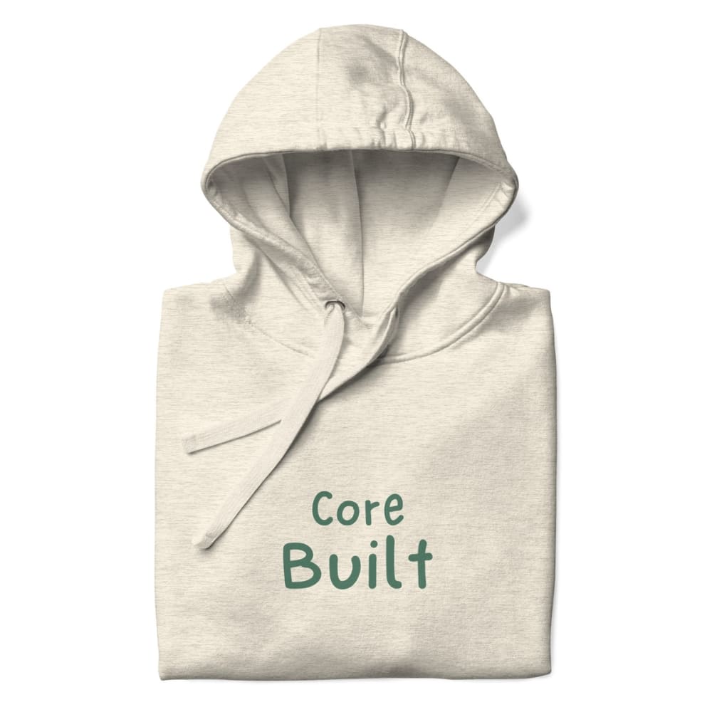 Folded hoodie with 'Core Built' text on a white background