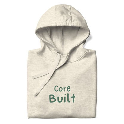 Folded hoodie with 'Core Built' text on a white background