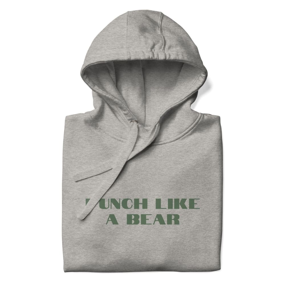 Gray hoodie with 'Punch Like a Bear' text on a white background