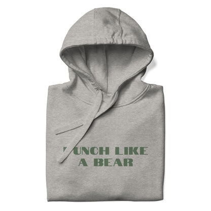 Gray hoodie with 'Punch Like a Bear' text on a white background