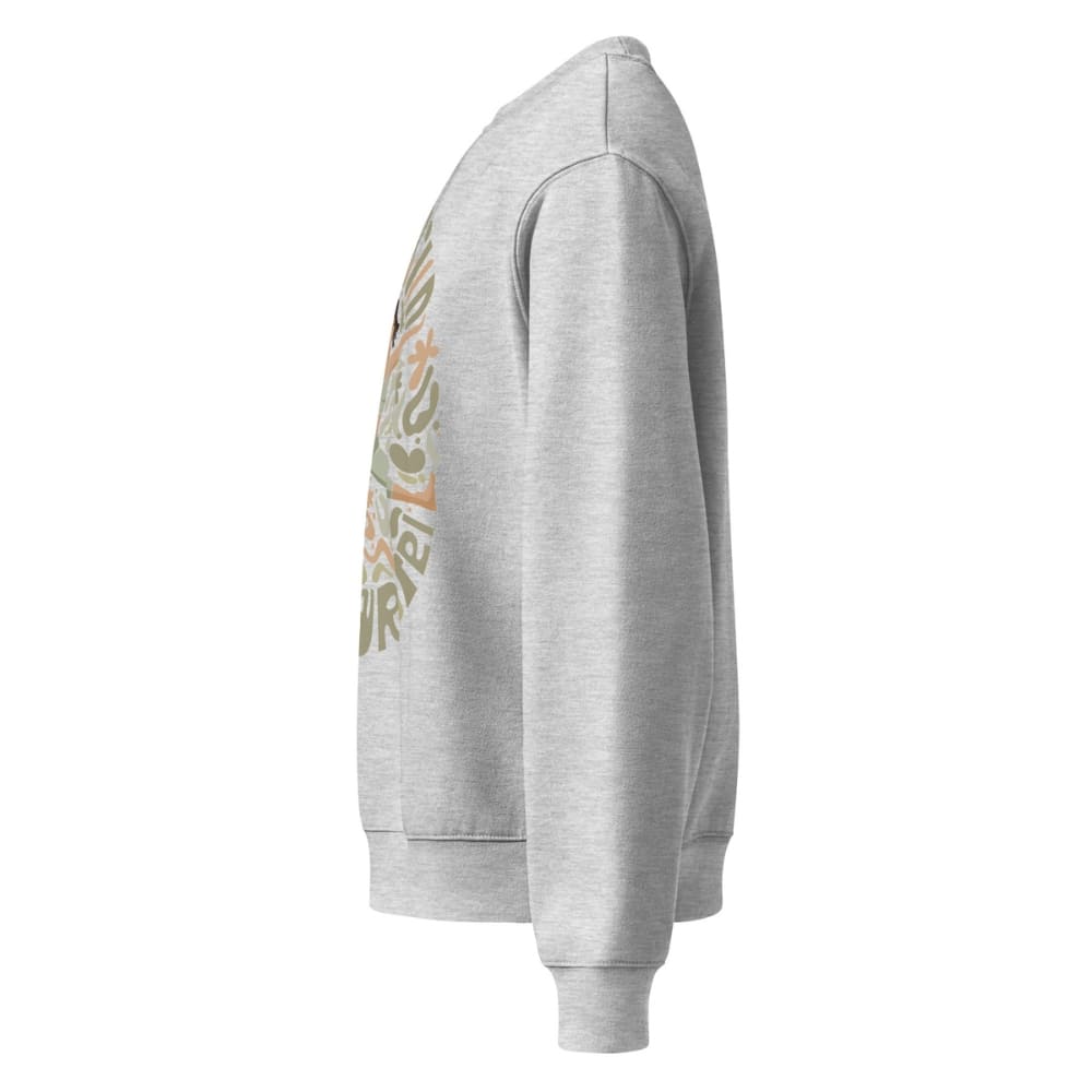 Gray hoodie with a colorful graphic on the back against a white background