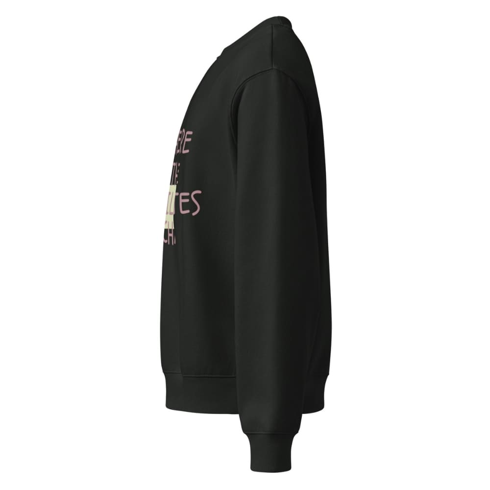 Black sweatshirt with text on the sleeve against a white background