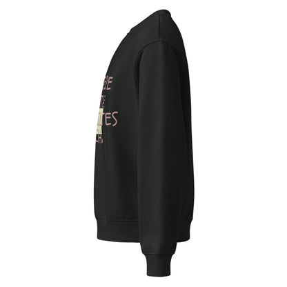 Black sweatshirt with text on the sleeve against a white background