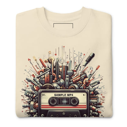 Beige sweatshirt with a graphic design of a cassette tape and musical instruments on a white background