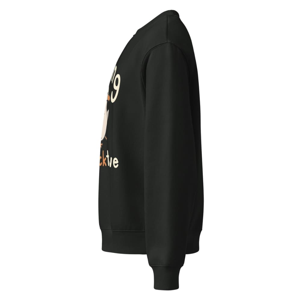 Black sweatshirt with colorful text and graphics on a white background