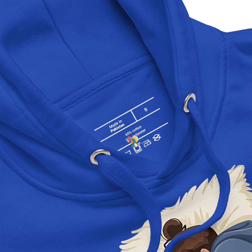 Close-up of a blue hoodie with a label on the chest.
