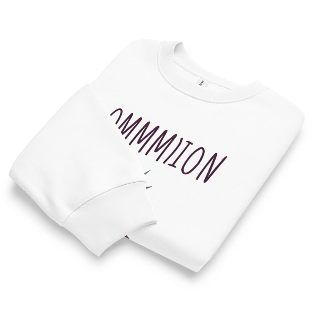 White t-shirt with black text on a white background